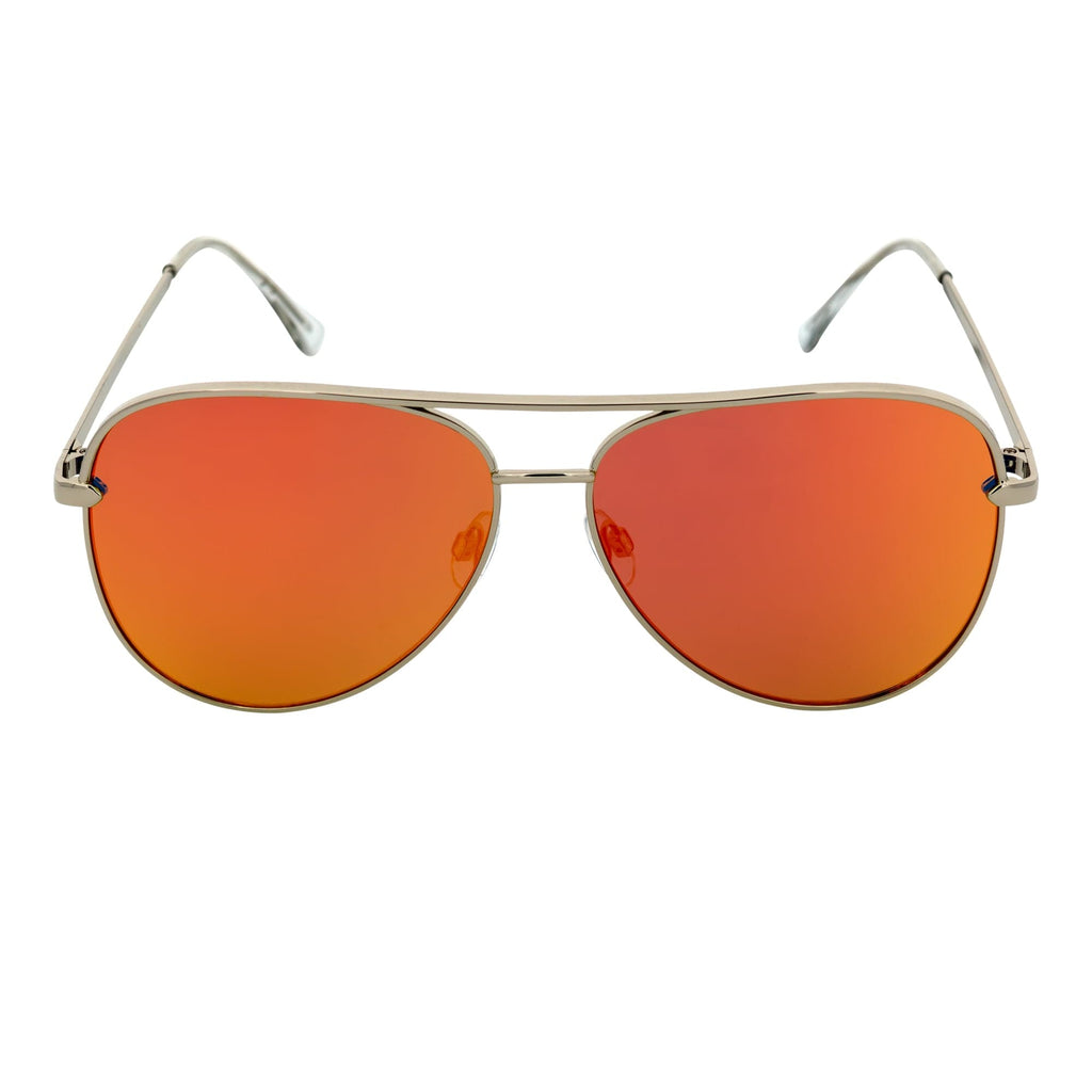 KEY - Oversize Large Flat Lens Metal Aviator Sunglasses Silver Orange Mirror