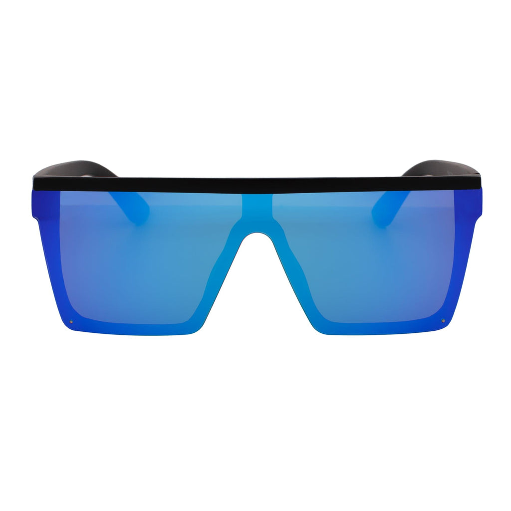 LAZER - Modern Flat Top Rectangle Sunglasses Soft Matte Black Blue Mirror