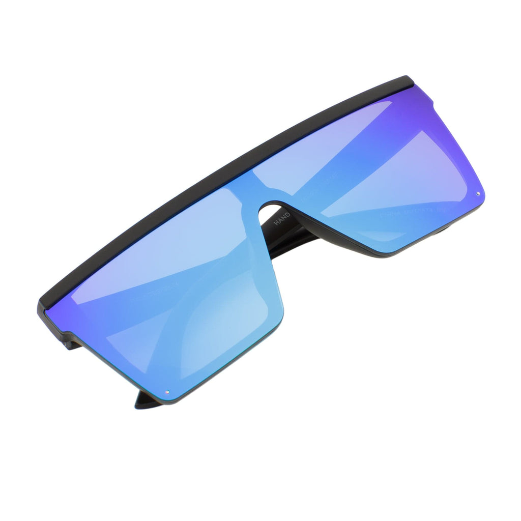 LAZER - Modern Flat Top Rectangle Sunglasses Soft Matte Black Blue Mirror