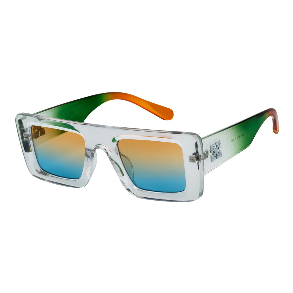 OFFSET - Two-Tone 90s Retro Thick Rectangle Sunglasses Clear-Green Amber Blue