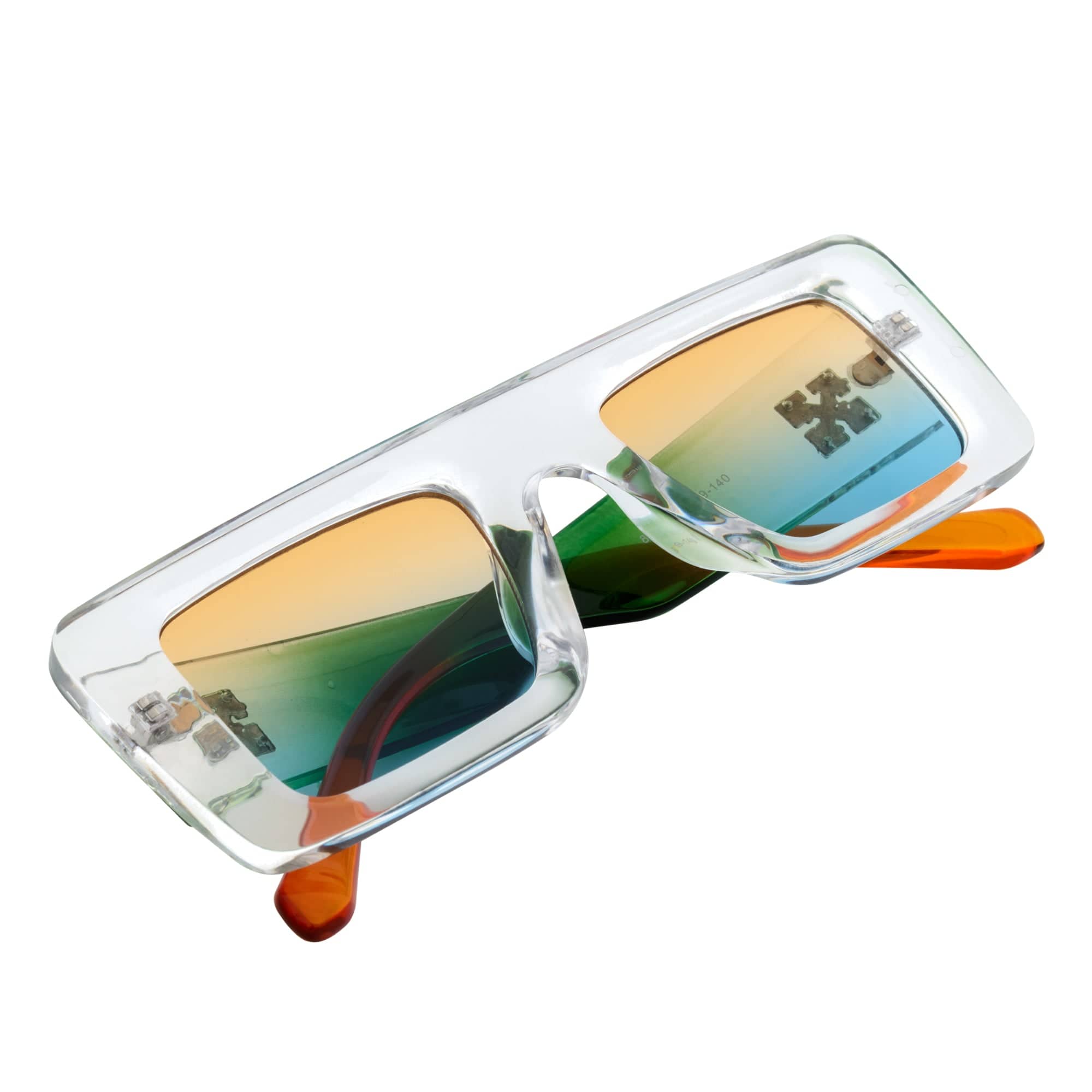OFFSET - Two-Tone 90s Retro Thick Rectangle Sunglasses Clear-Green Amber Blue