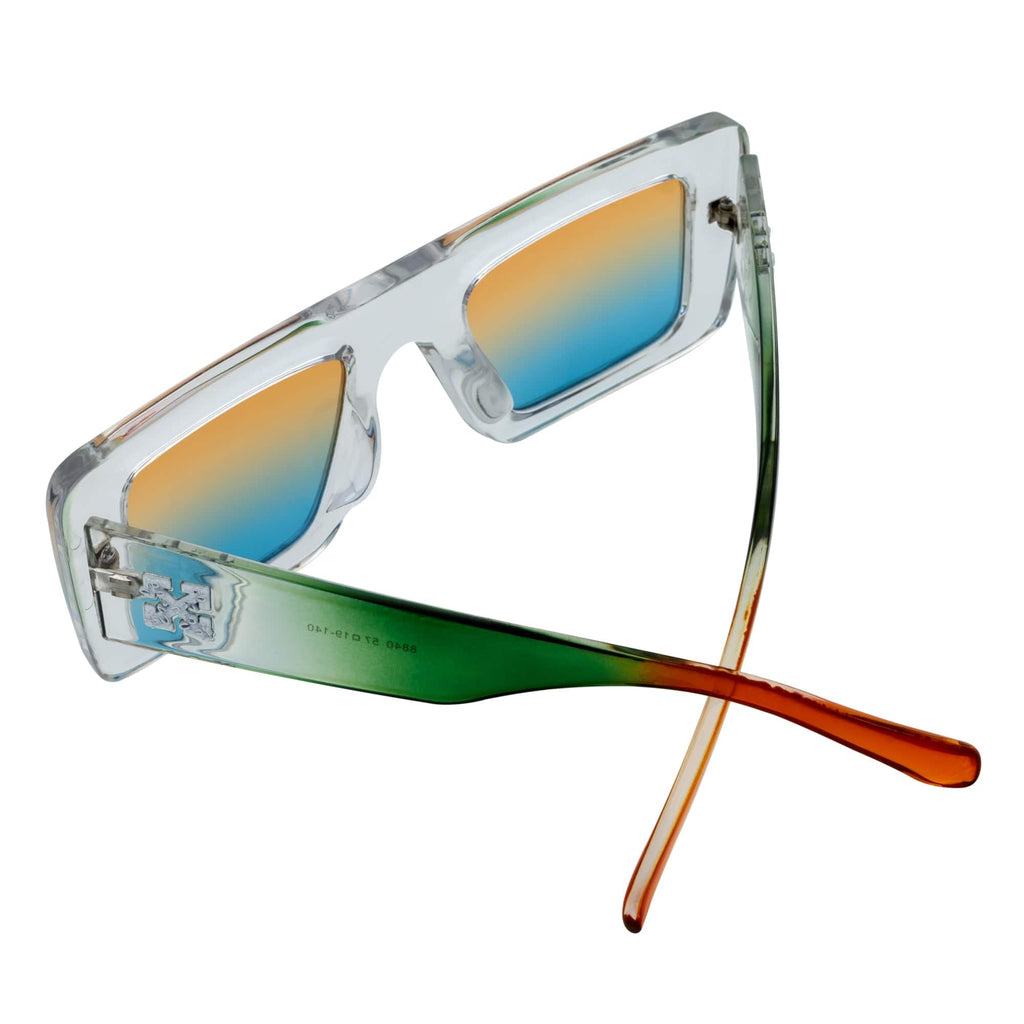 OFFSET - Two-Tone 90s Retro Thick Rectangle Sunglasses Clear-Green Amber Blue