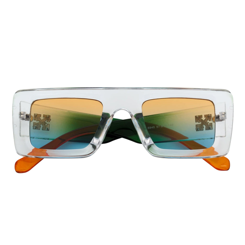OFFSET - Two-Tone 90s Retro Thick Rectangle Sunglasses Clear-Green Amber Blue