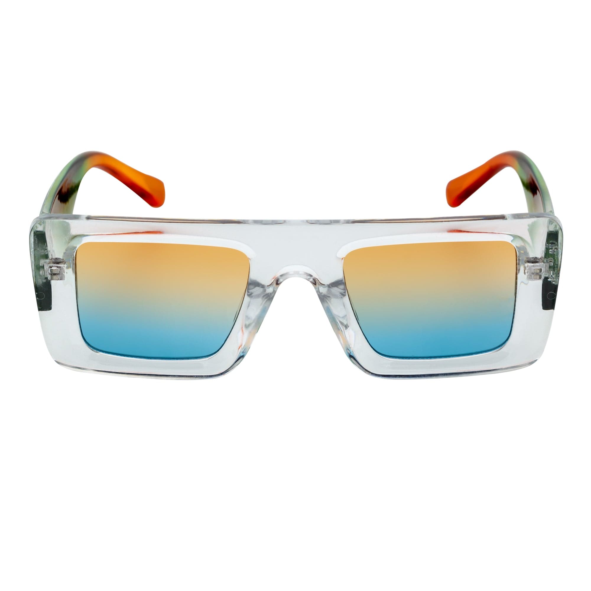 OFFSET - Two-Tone 90s Retro Thick Rectangle Sunglasses Clear-Green Amber Blue