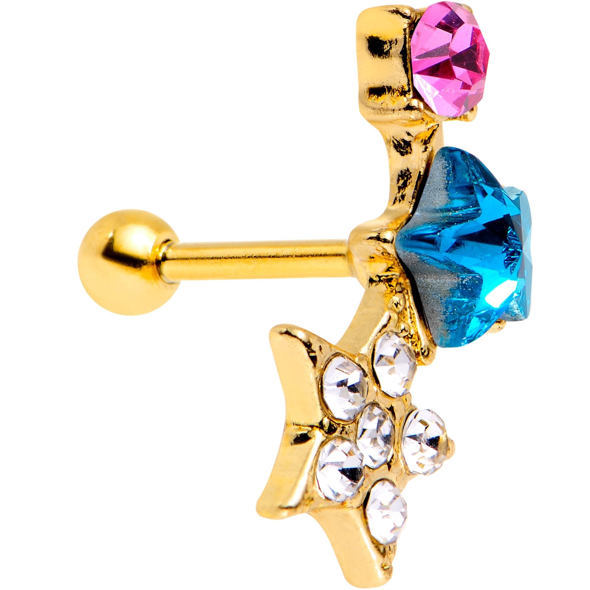 18G 1/4 Blue Pink Gem Star Gold Plated Cartilage Tragus Earring
