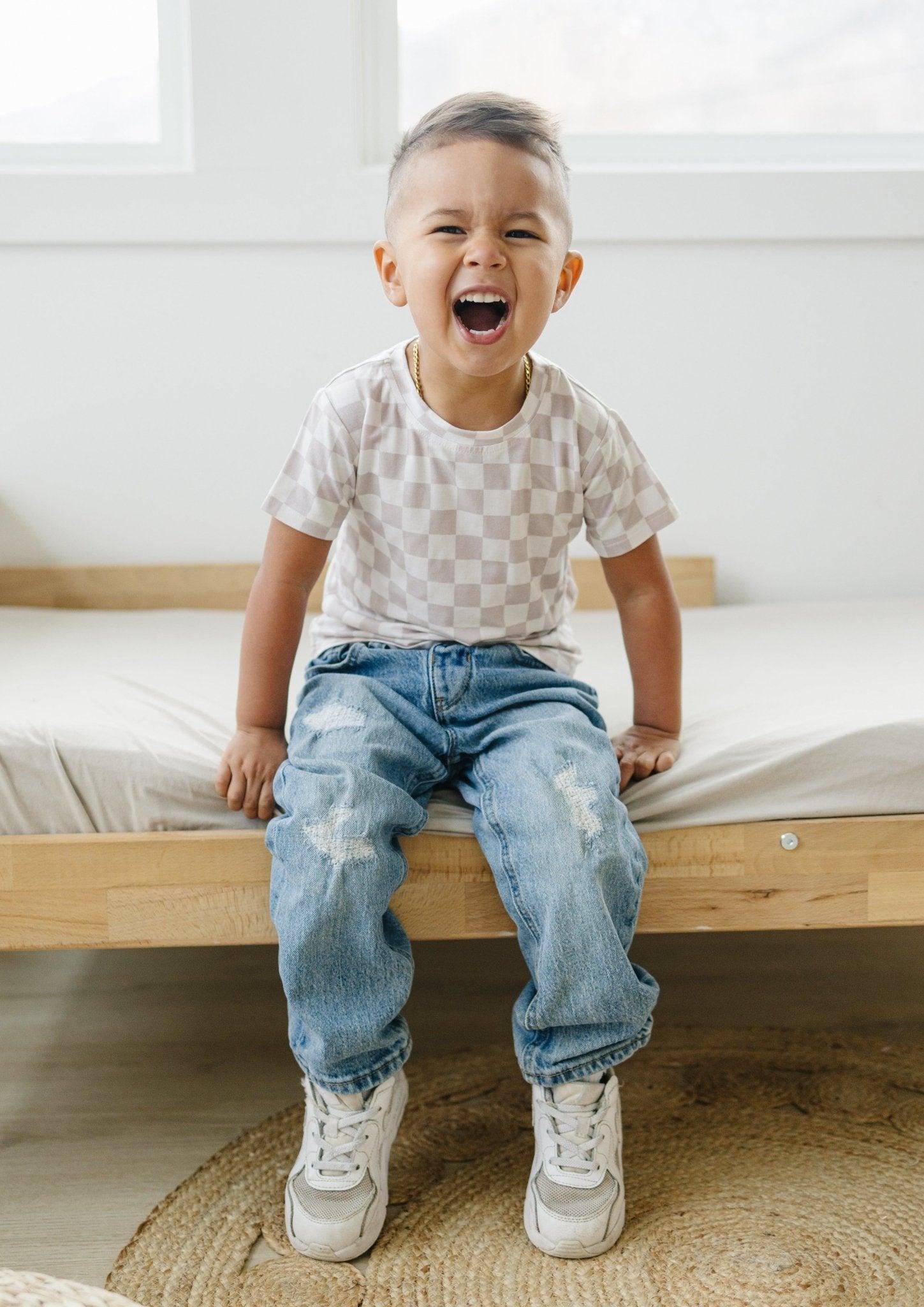 Neutral Checkered Bamboo Tee *Sizes 3/6m & sz 6 left
