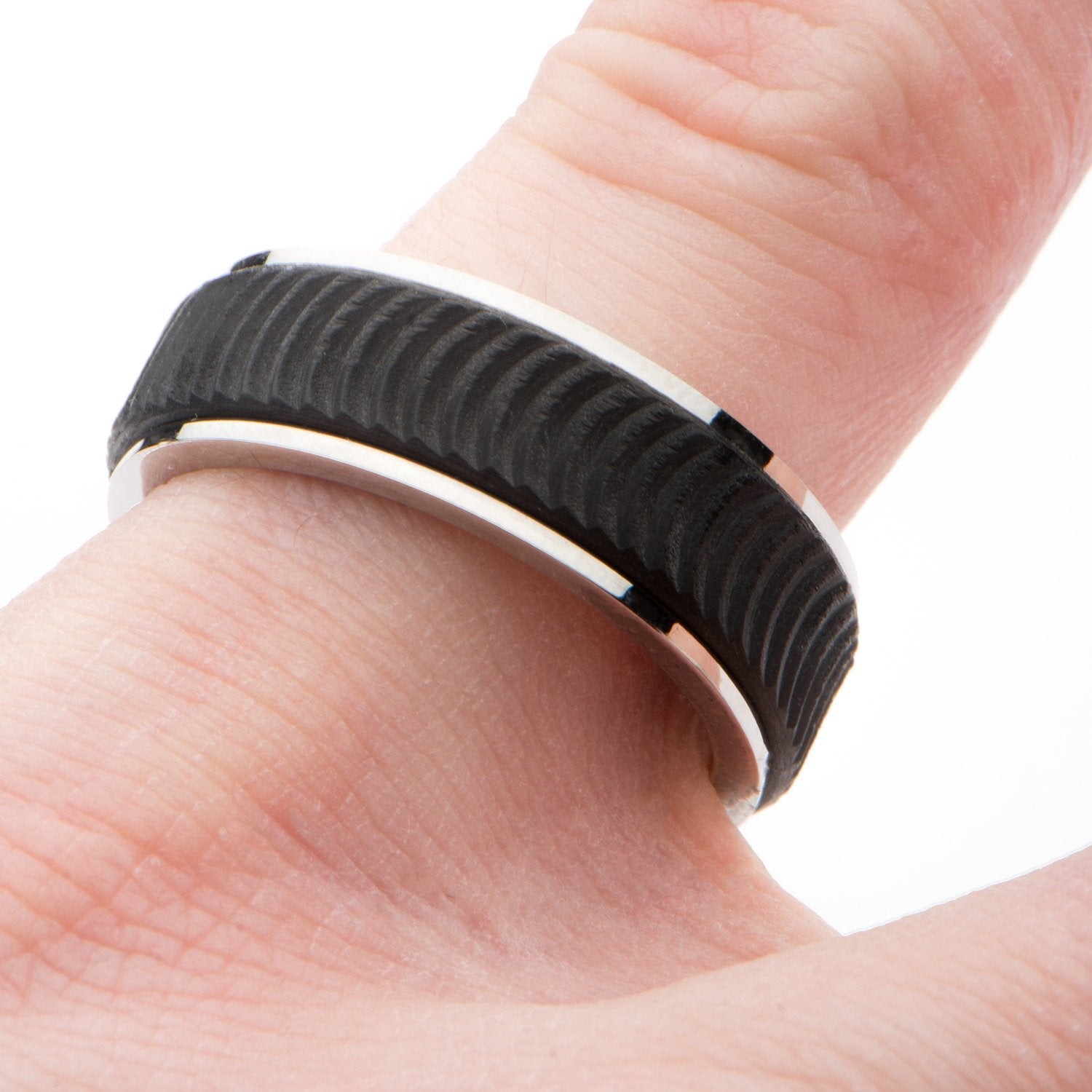 Mens Center Solid Carbon Fiber Ridged Stainless Steel Ring