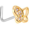 20G 1/4 Clear CZ Gem Gold Tone Butterfly L Shaped Nose Ring