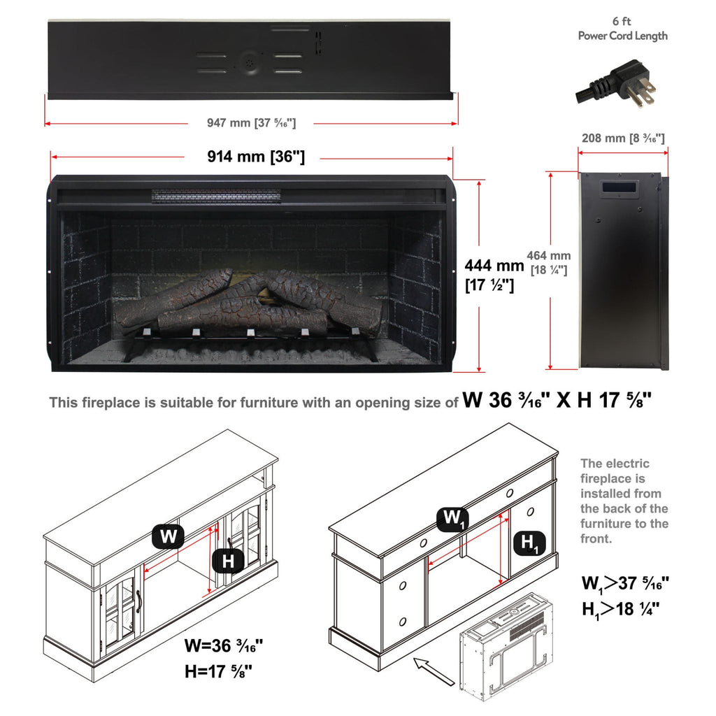 Nuvia 36-Inch Electric Antique Black Touch Panel Infrared Fireplace Insert With Removable Trim Kit (SAK84610)