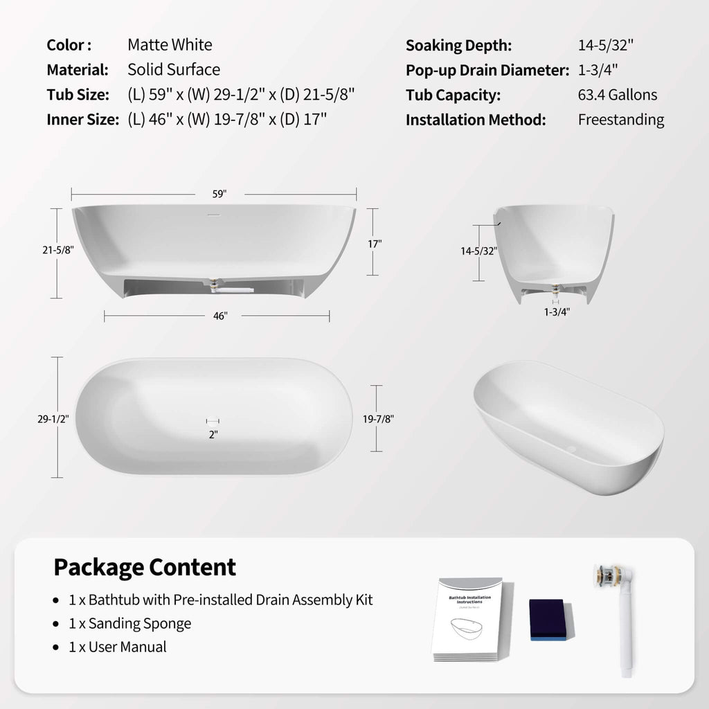 Nuvia 59-Inch Luxury Solid Surface Matte White Freestanding Soaking Tub (SAK95320)
