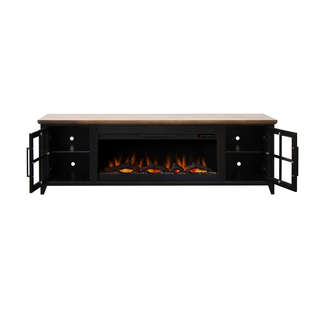 Nuvia 83-Inch Bourbon Black TV Stand With Fireplace And Glass Windowpane Doors (SAK40281)