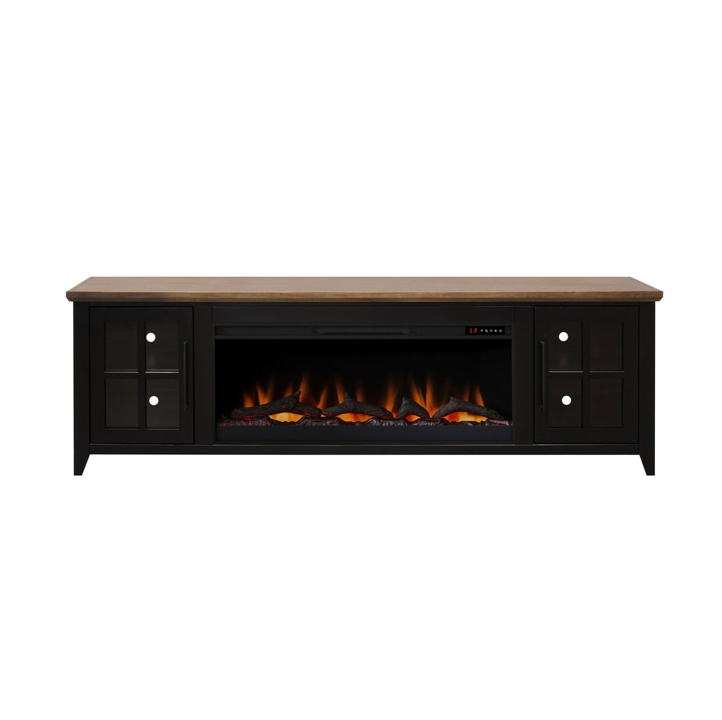 Nuvia 83-Inch Bourbon Black TV Stand With Fireplace And Glass Windowpane Doors (SAK40281)