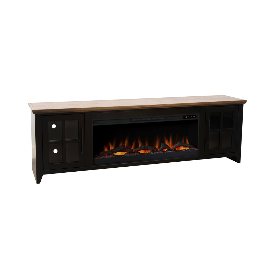 Nuvia 83-Inch Bourbon Black TV Stand With Fireplace And Glass Windowpane Doors (SAK40281)