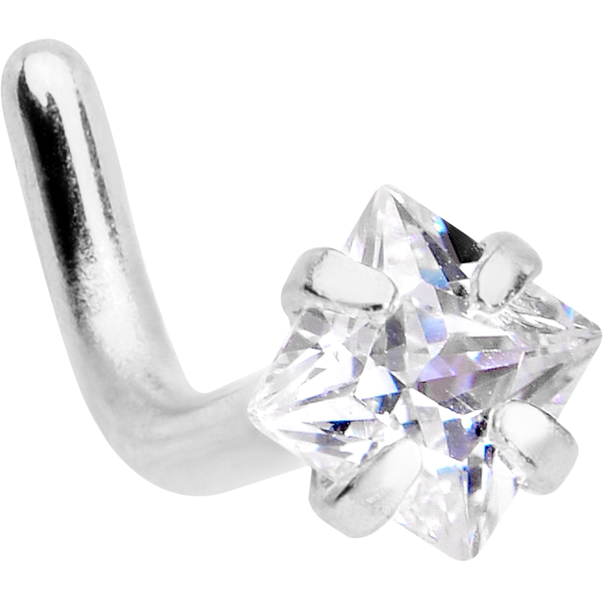 18G 1/4 Clear Square 2.5mm CZ Gem Steel L-Shape Nose Ring