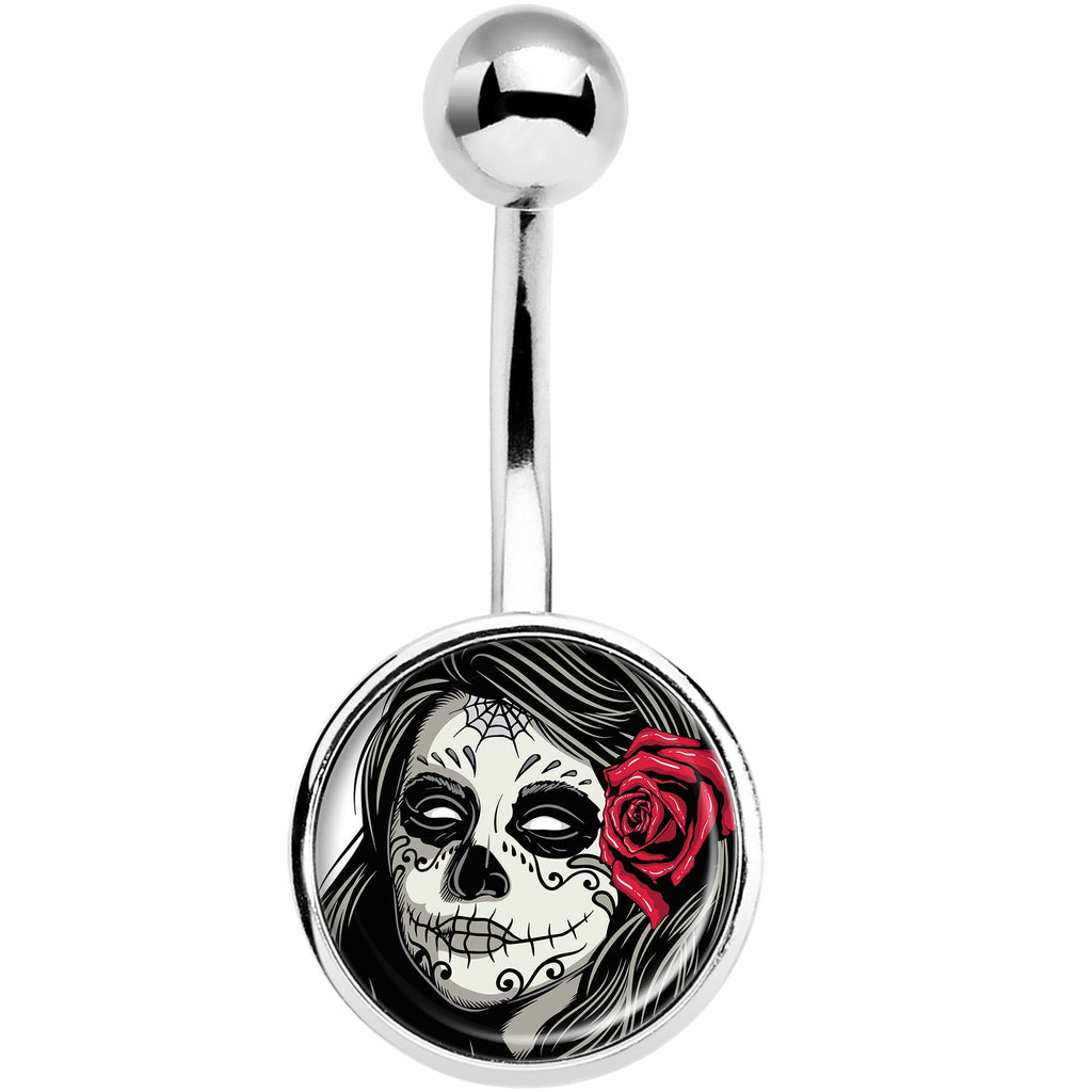 Katrina Sugar Skull with Rose Flower Belly Ring