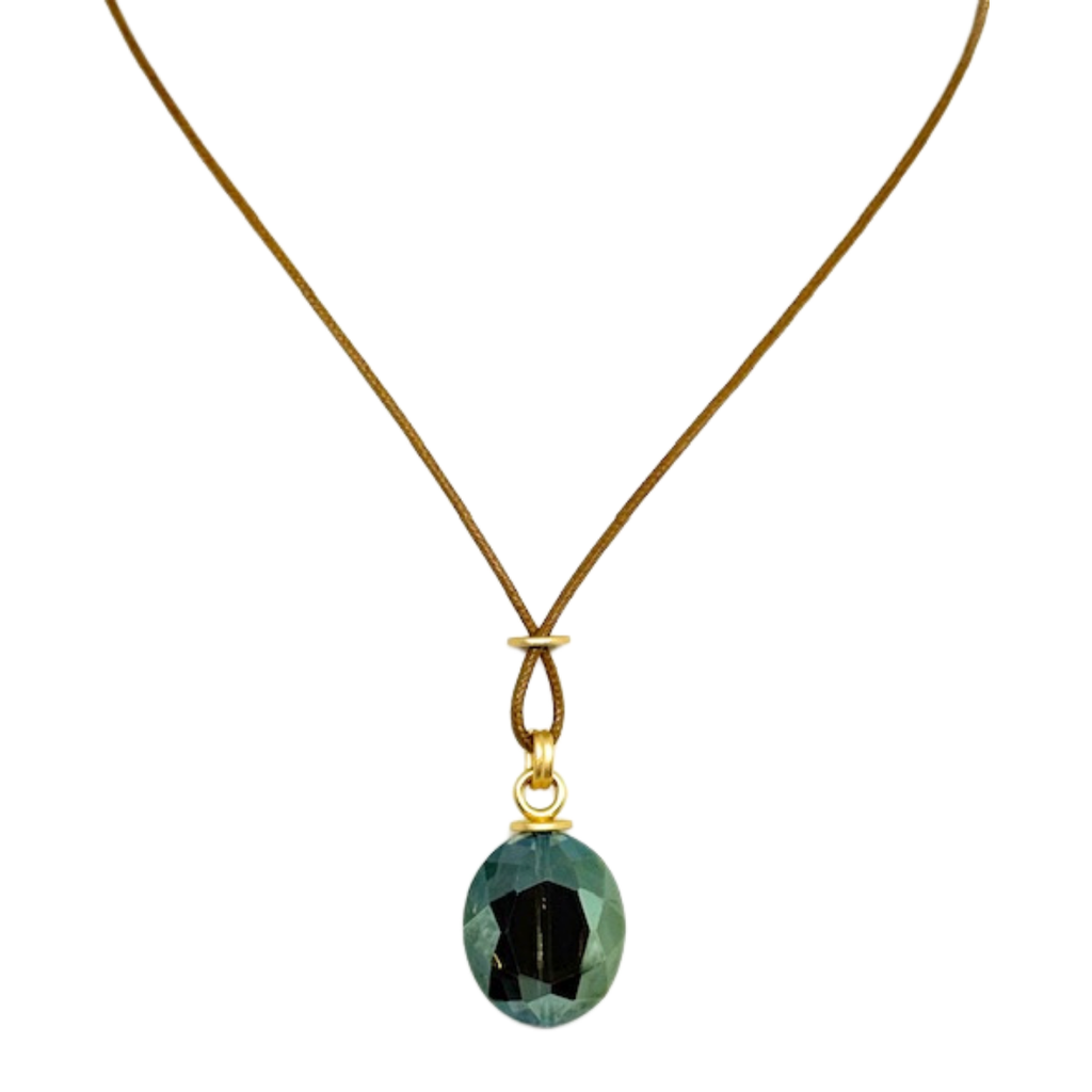 Large Olive Oval Crystal on Natural Linen Necklace