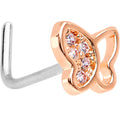 20G 1/4 Clear CZ Gem Rose Gold Tone Butterfly L Shaped Nose Ring