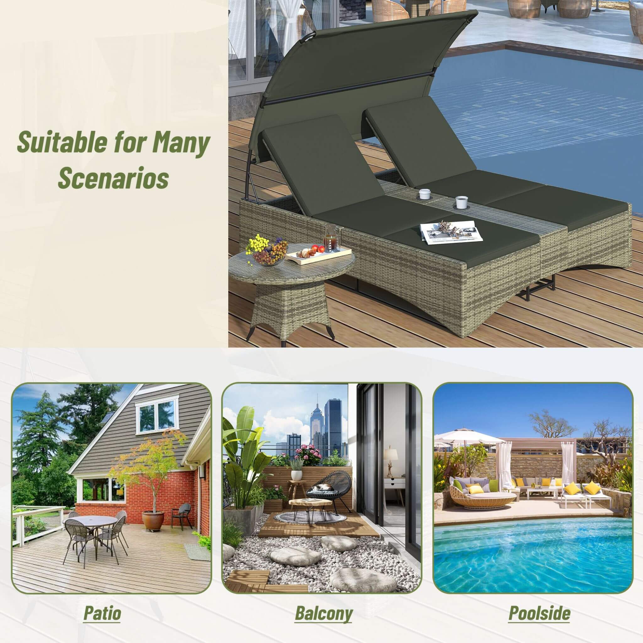 Alora Outdoor Rattan Patio Daybed With Adjustable Backrest, Canopy Roof, Storage Box And Cup Holders (SAK54220)
