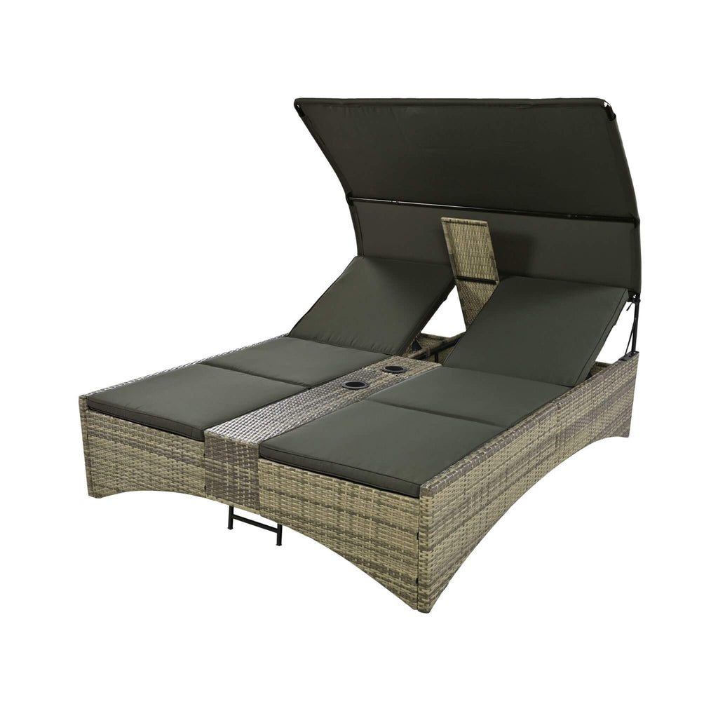 Alora Outdoor Rattan Patio Daybed With Adjustable Backrest, Canopy Roof, Storage Box And Cup Holders (SAK54220)
