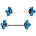 9/16 Blue Faux Opal Three Petal Flower Barbell Nipple Ring Set