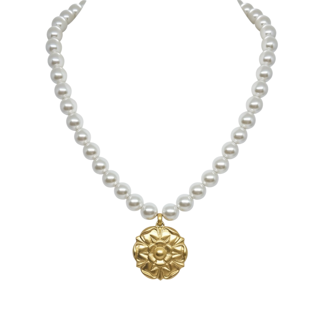 Matte Gold Flower Pendant on White Pearls