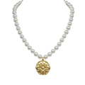 Matte Gold Flower Pendant on White Pearls