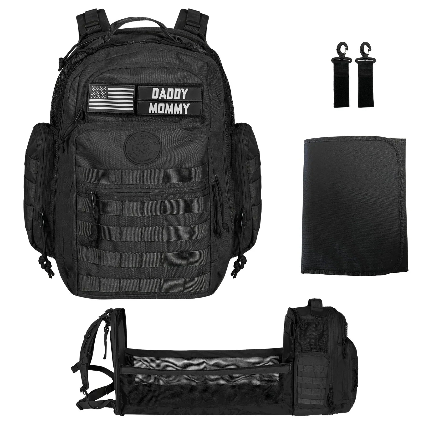 Phil & Jack Dad Diaper Bag Backpack, Baby Diaper Bag with Changing Station, Tactical Military Style, Womens Mens Diaper Bag (Black)