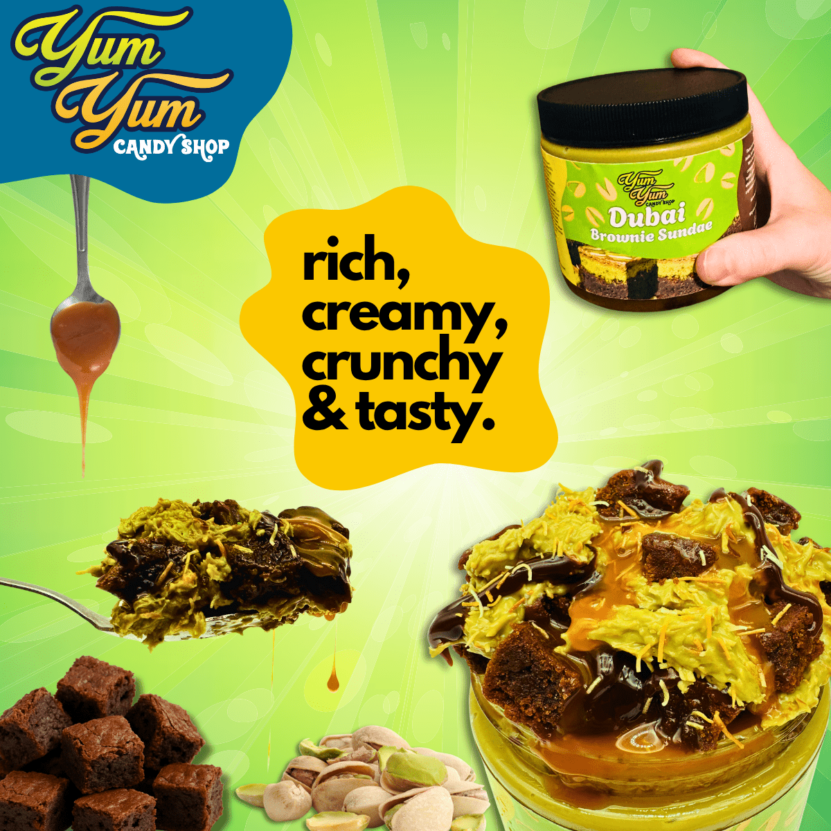 Pistachio Dubai Brownie Sundae – Chocolate Fudge & Pistachio Cream | Yum Yum Candy Shop