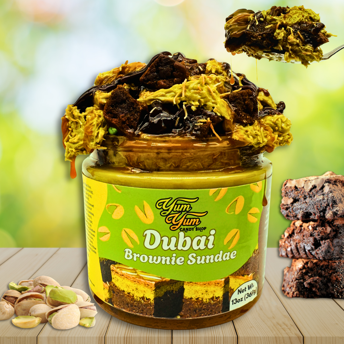 Pistachio Dubai Brownie Sundae – Chocolate Fudge & Pistachio Cream | Yum Yum Candy Shop