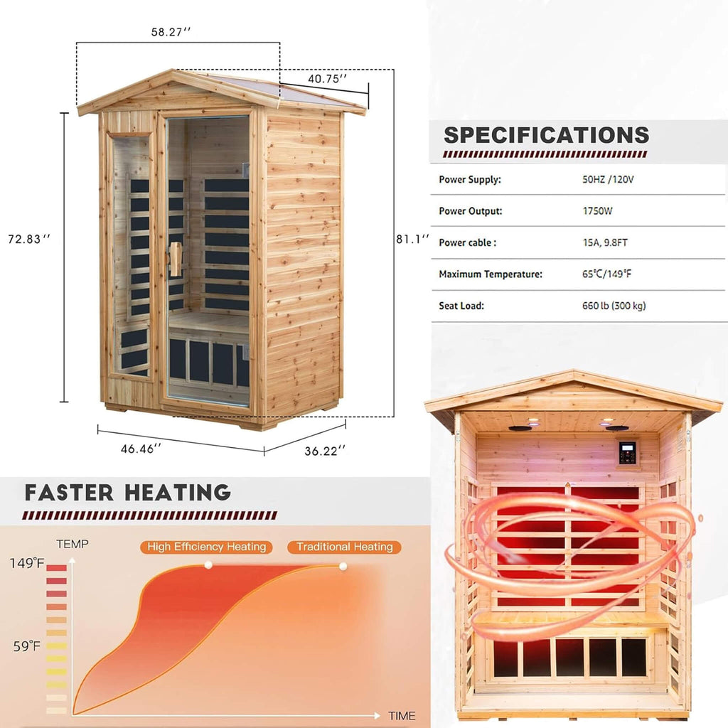Thermora Zorin Premium 2-Person Indoor Outdoor Low EMF FAR-Infrared Hemlock Wood Personal Home Sauna Spa, 1750W (SAK27451)