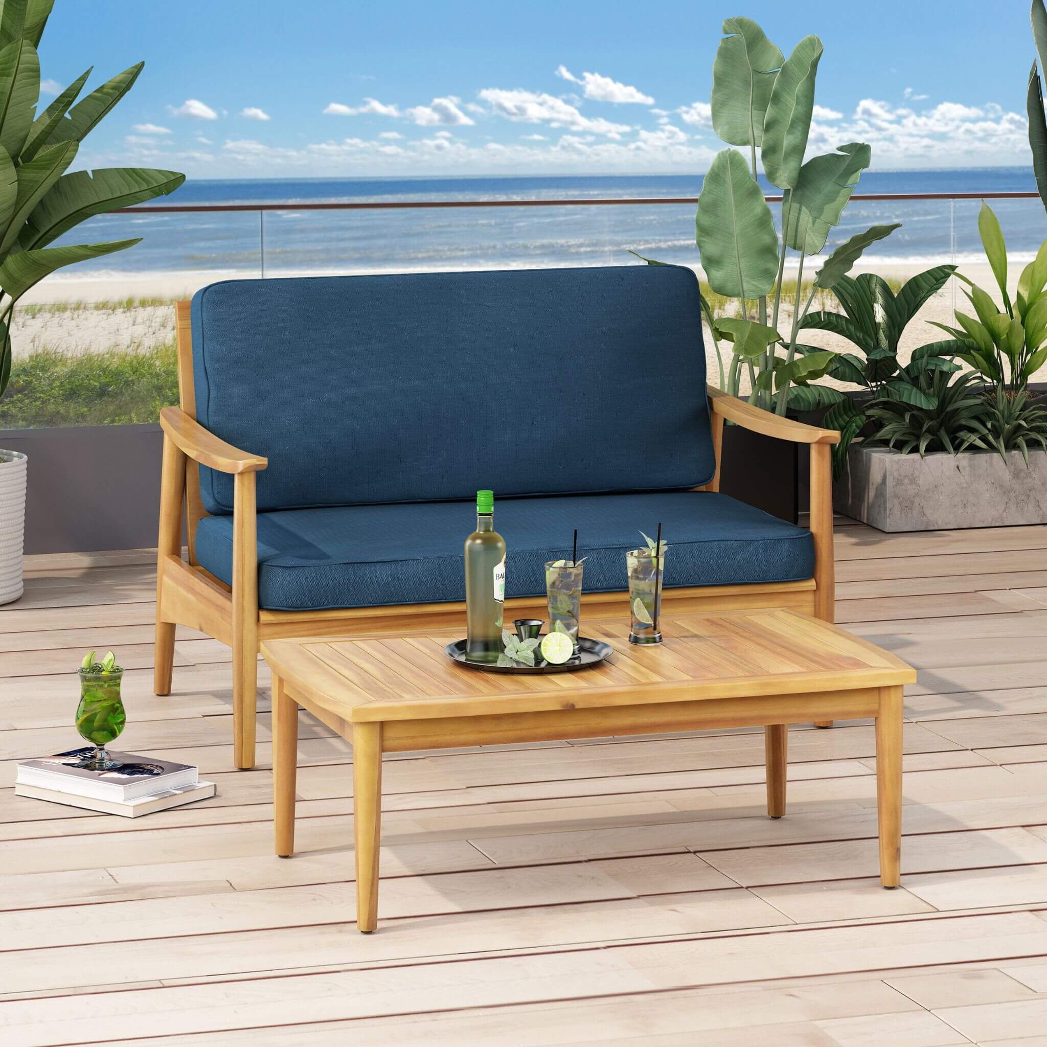 Alora Premium 4-Piece Wooden Outdoor Patio Conversation Seating Set With Cushions (SAK31469)