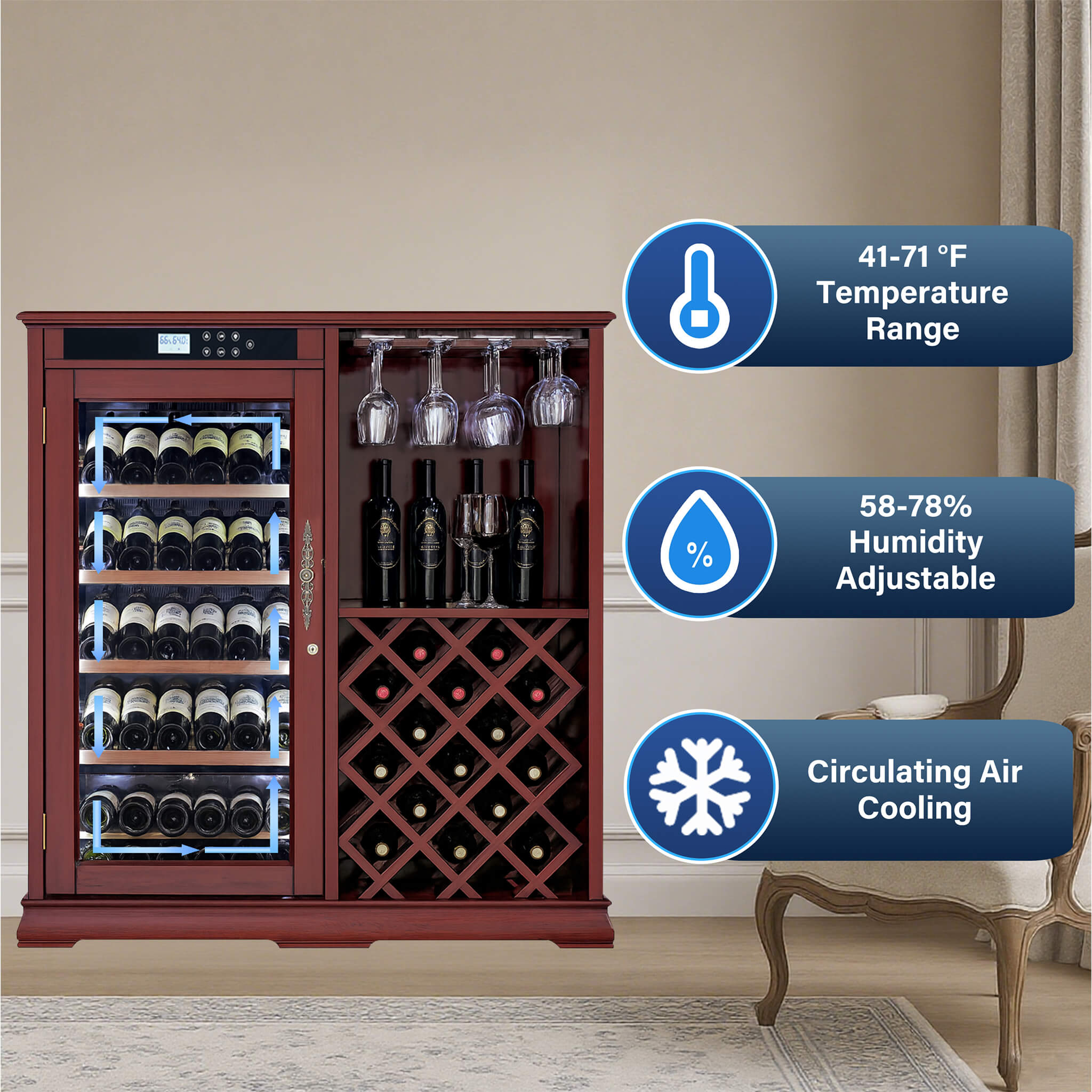 Nuvia 69-Bottle Wooden Wine Cooler Cabinet With Built-In Storage (SAK17539)