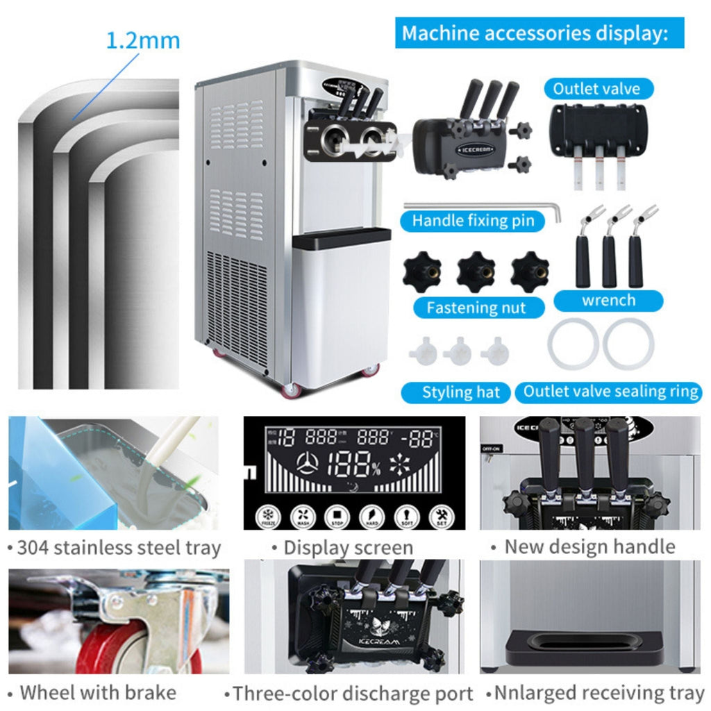 Premium Commercial Vertical 2000W 3-Flavor Soft Ice Cream Machine With Dual 6L Hoppers, 25-30L/H (SAK93406)
