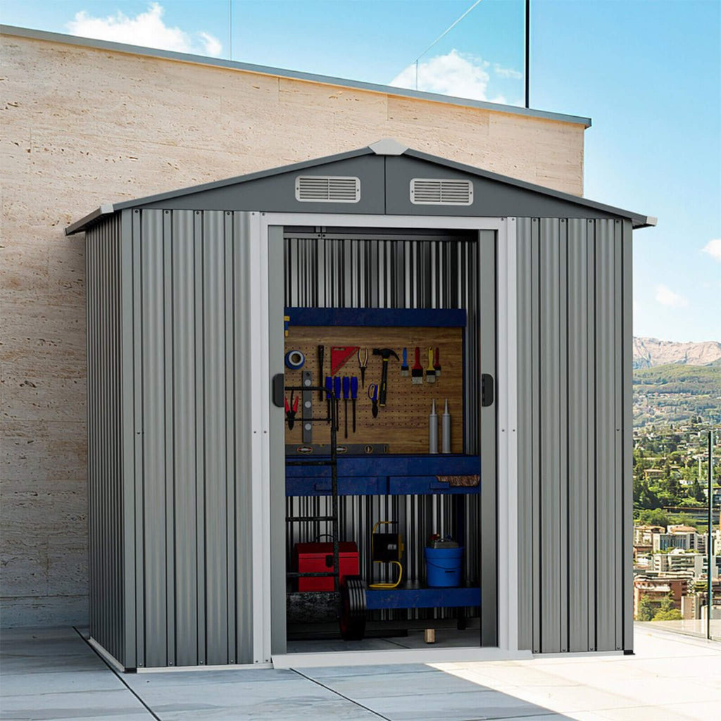 [04X06FT] Alora Premium Garden Galvanized Steel Storage Shed W/ Lockable Sliding Doors (SAK75842)