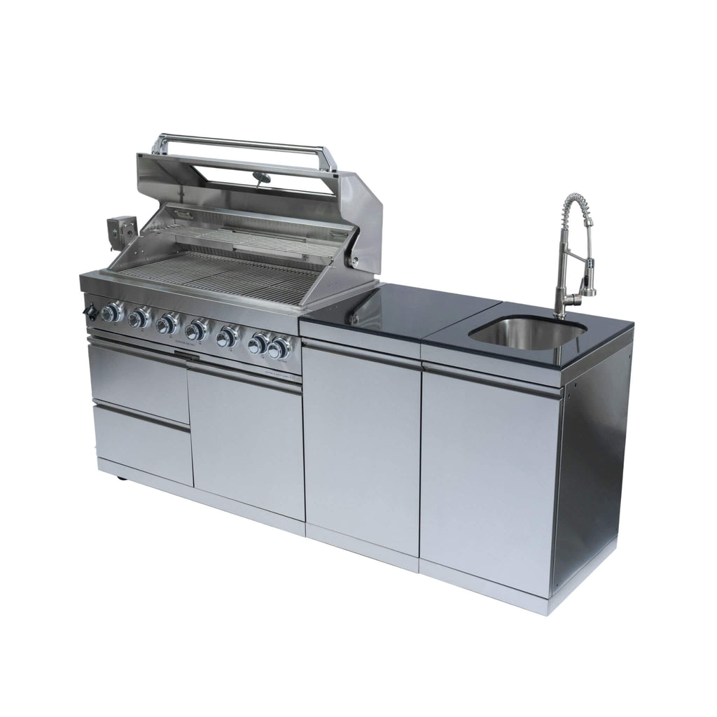Castelle Flame Tuscany Outdoor BBQ Liquid Propane Kitchen Grill Island With 43-Inch 6-Burner 85K BTU Propane Gas Grill, Rotisserie Kit, And Storage Cabinets (SAK95623)