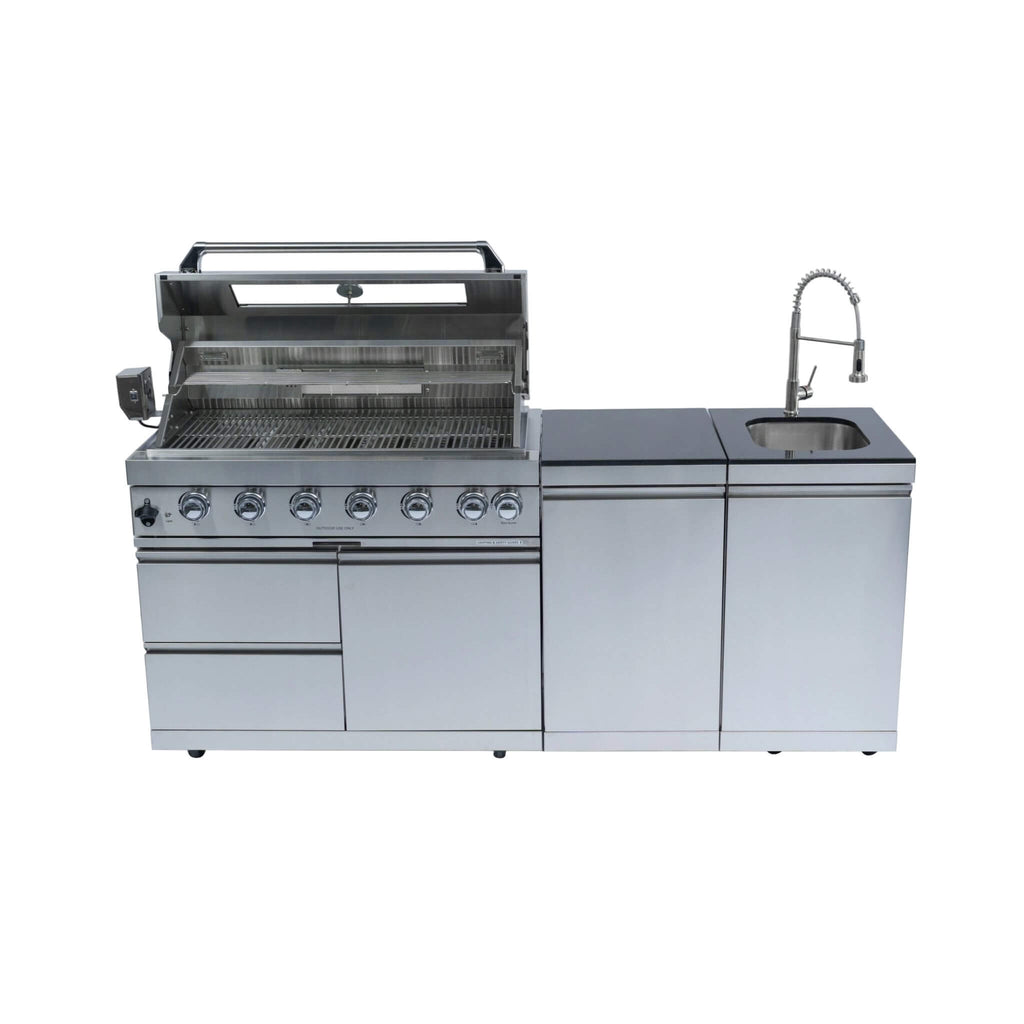 Castelle Flame Tuscany Outdoor BBQ Liquid Propane Kitchen Grill Island With 43-Inch 6-Burner 85K BTU Propane Gas Grill, Rotisserie Kit, And Storage Cabinets (SAK95623)