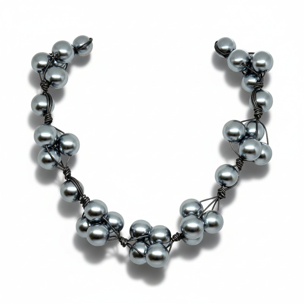 Grey Glass Pearls and Platinum Leather Woven Necklace