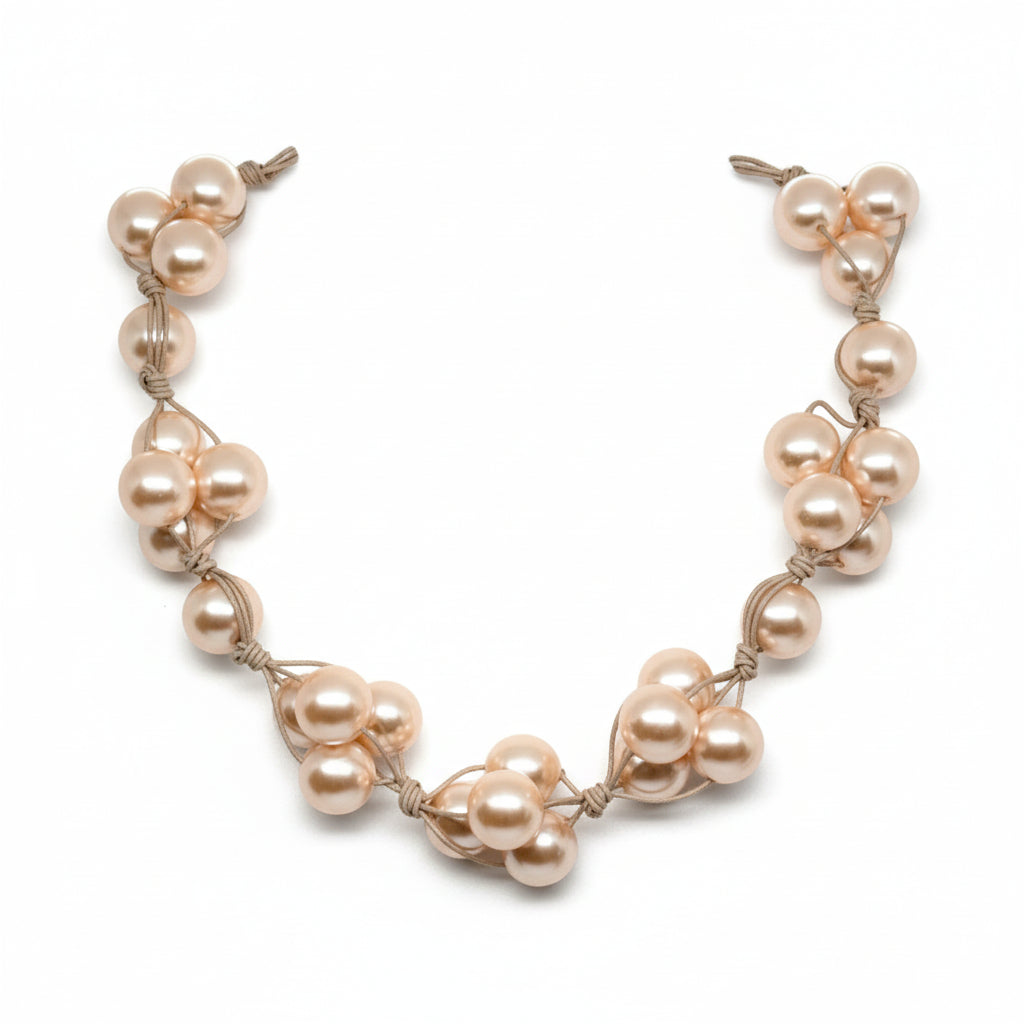 Pink Glass Pearls and Natural Leather Woven Necklace