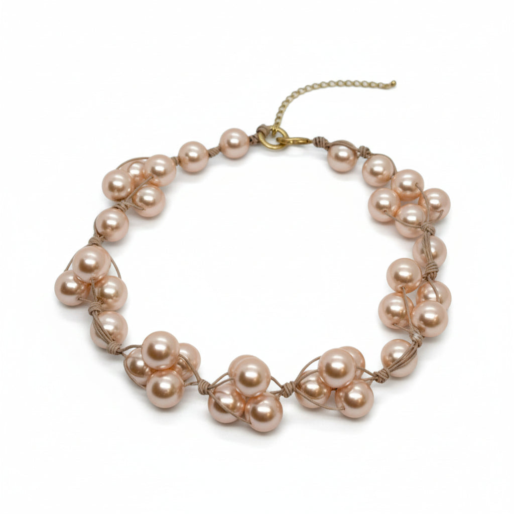 Pink Glass Pearls and Natural Leather Woven Necklace