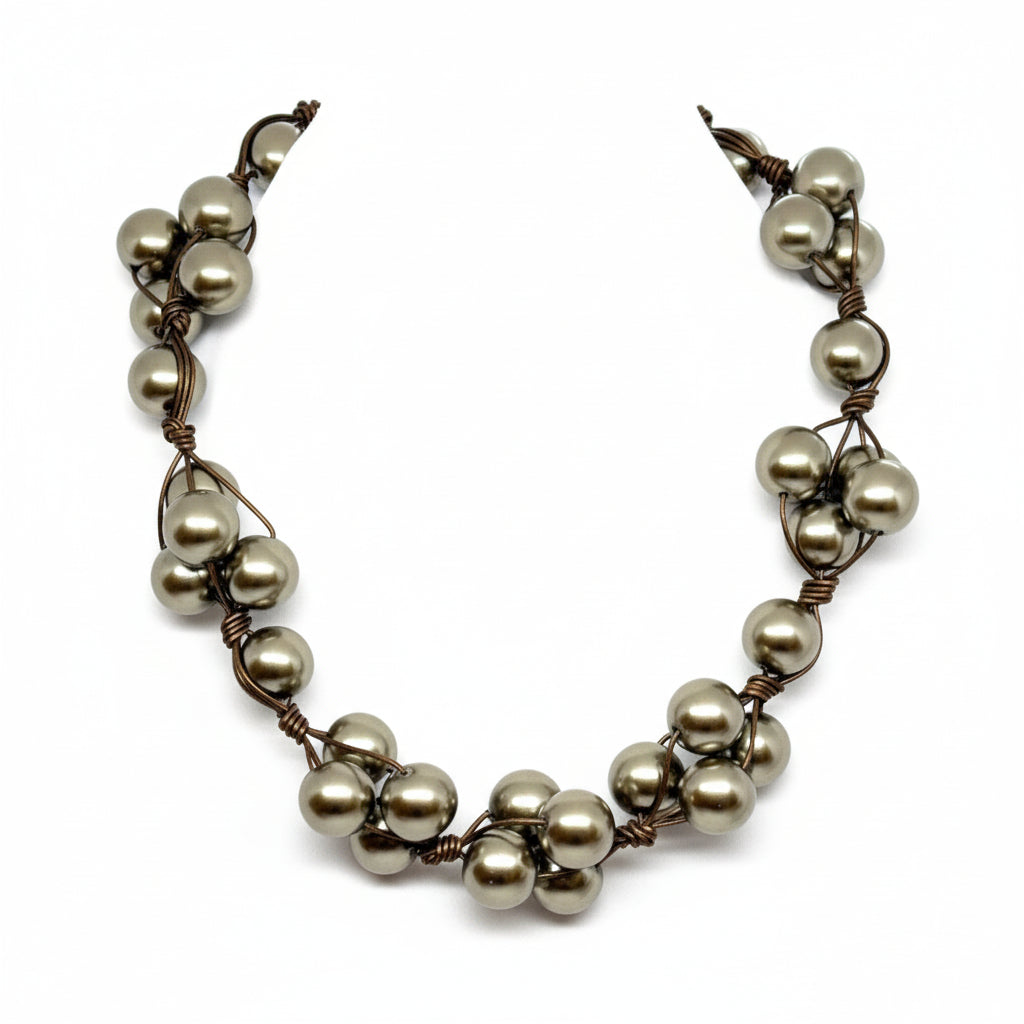 Taupe Glass Pearls and Bronze Leather Woven Necklace