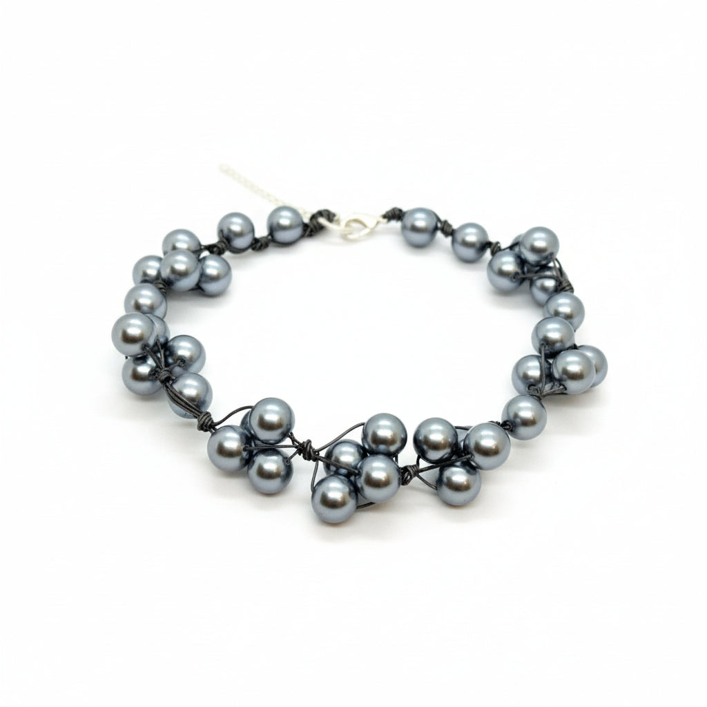 Grey Glass Pearls and Platinum Leather Woven Necklace