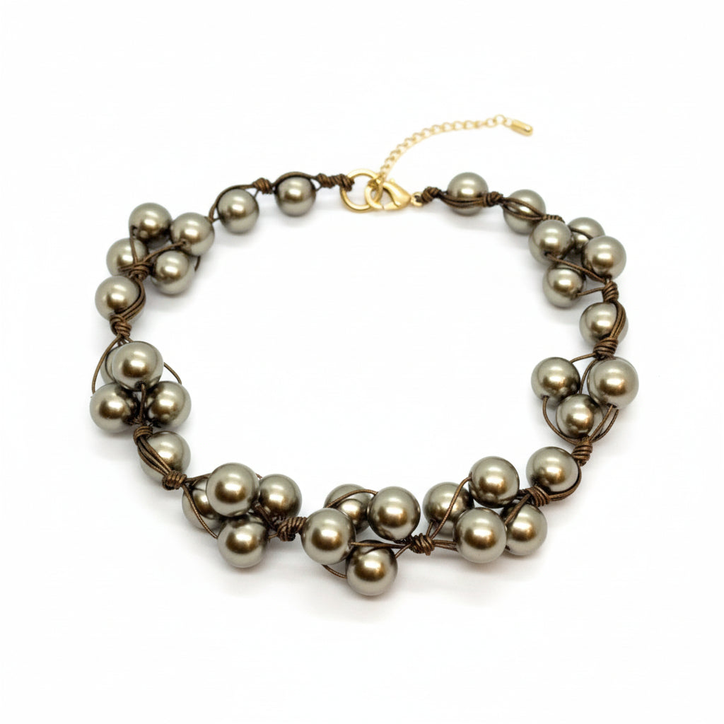 Taupe Glass Pearls and Bronze Leather Woven Necklace