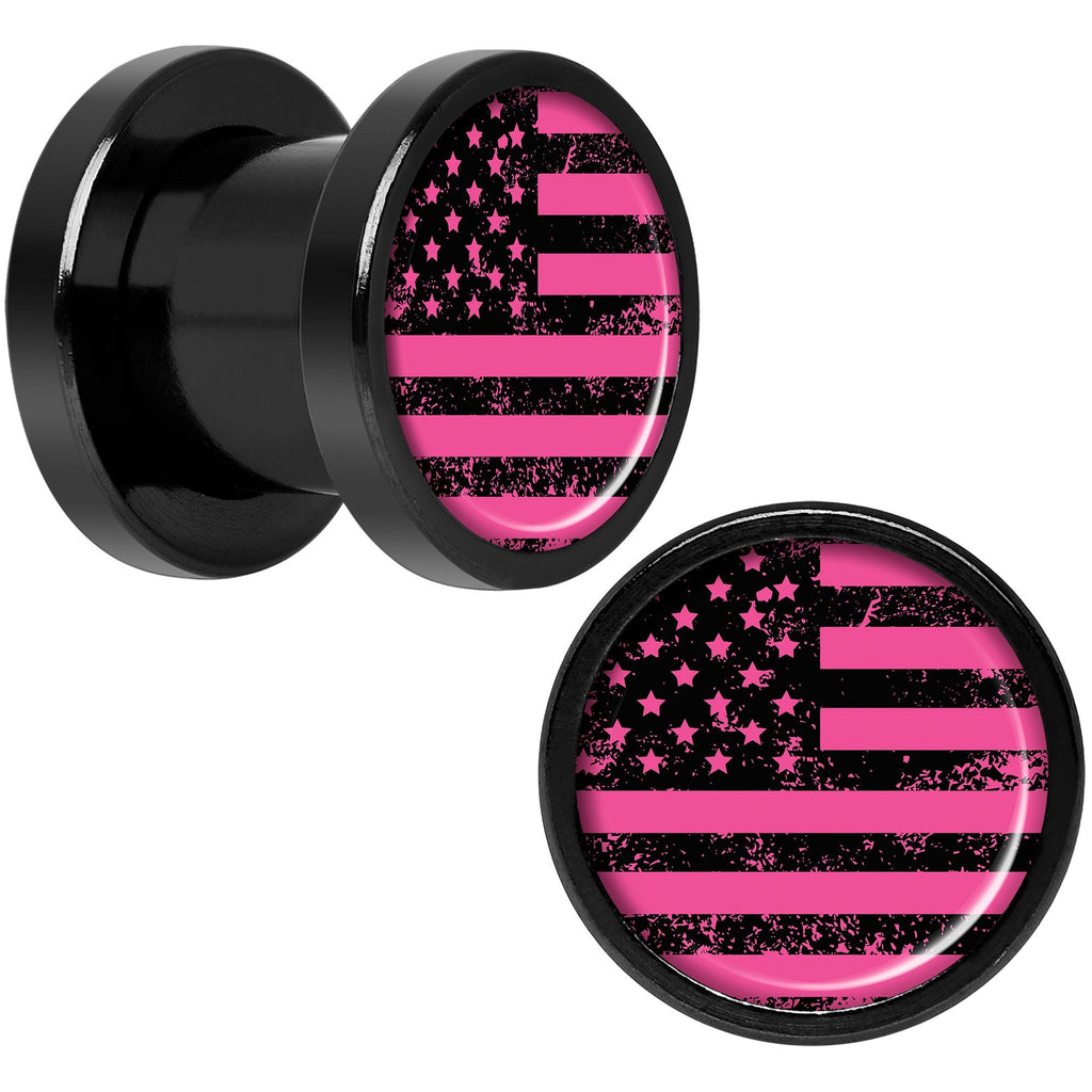 Pink American Flag Black Anodized Screw Fit Plug Set 0G