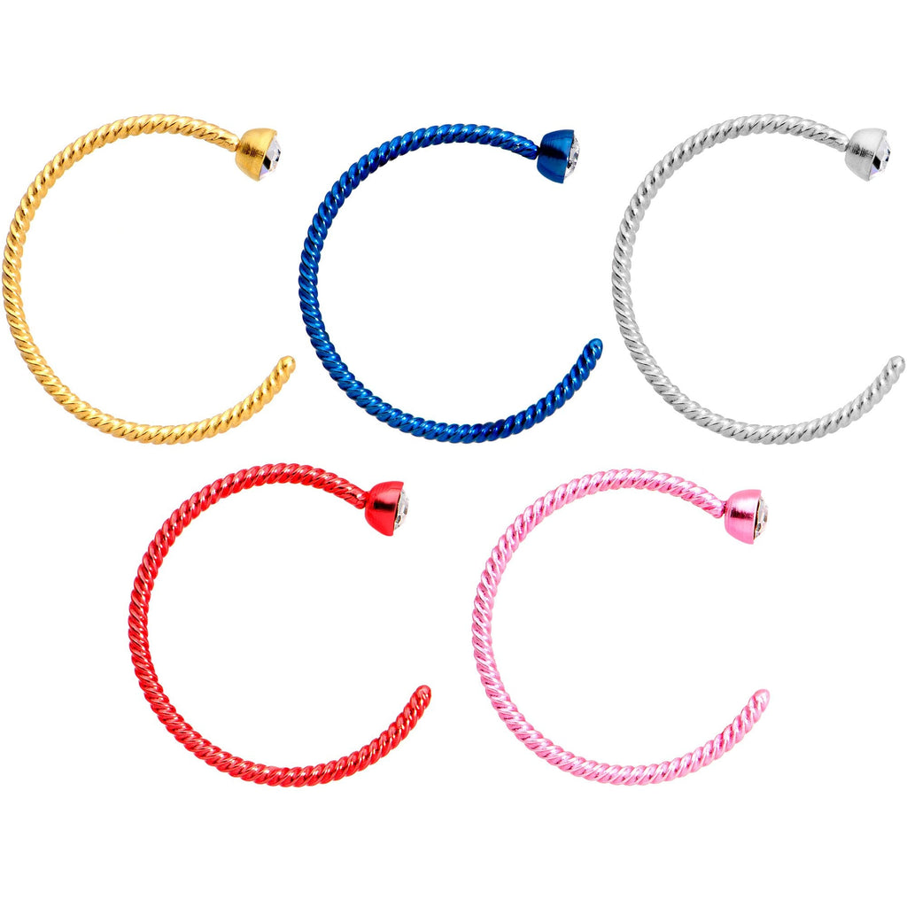 20G 3/8 Clear Gem Multicolor Pack Set of 5 Twisted Nose Hoop Rings
