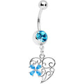 Aqua Gem Filigree Heart Flower Dangle Belly Ring