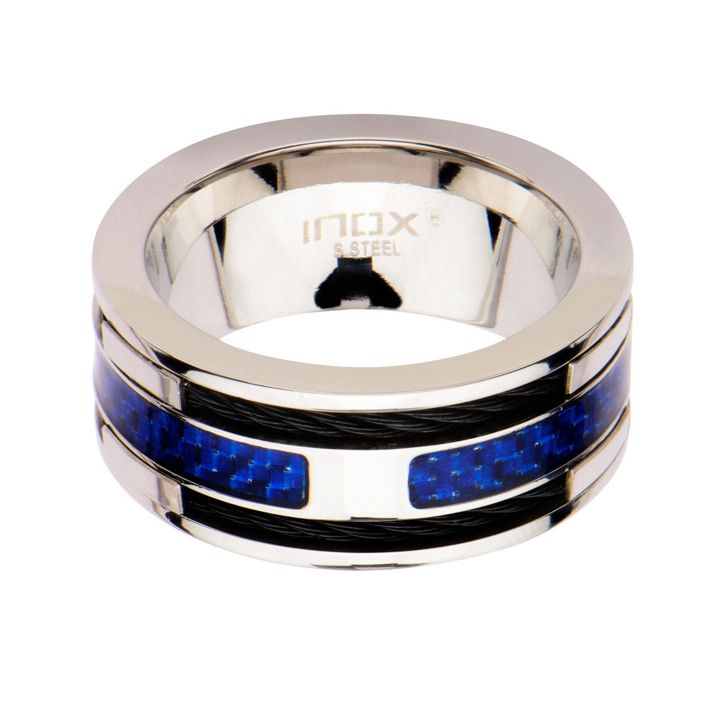 Mens Blue Carbon Fiber with Black Cable Steel Inlayed Stainless Steel Ring