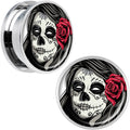 Katrina Sugar Skull with Rose Flower Steel Screw Fit Plug Set 20mm
