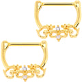9/16 Clear CZ Gem Gold Tone Anodized Ancient Swirl Nipple Clicker Set