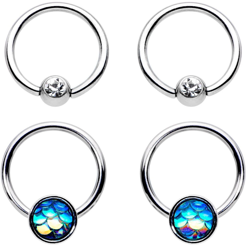 14G Clear Gem Mermaid Scale BCR Captive Nipple Ring Set of 4