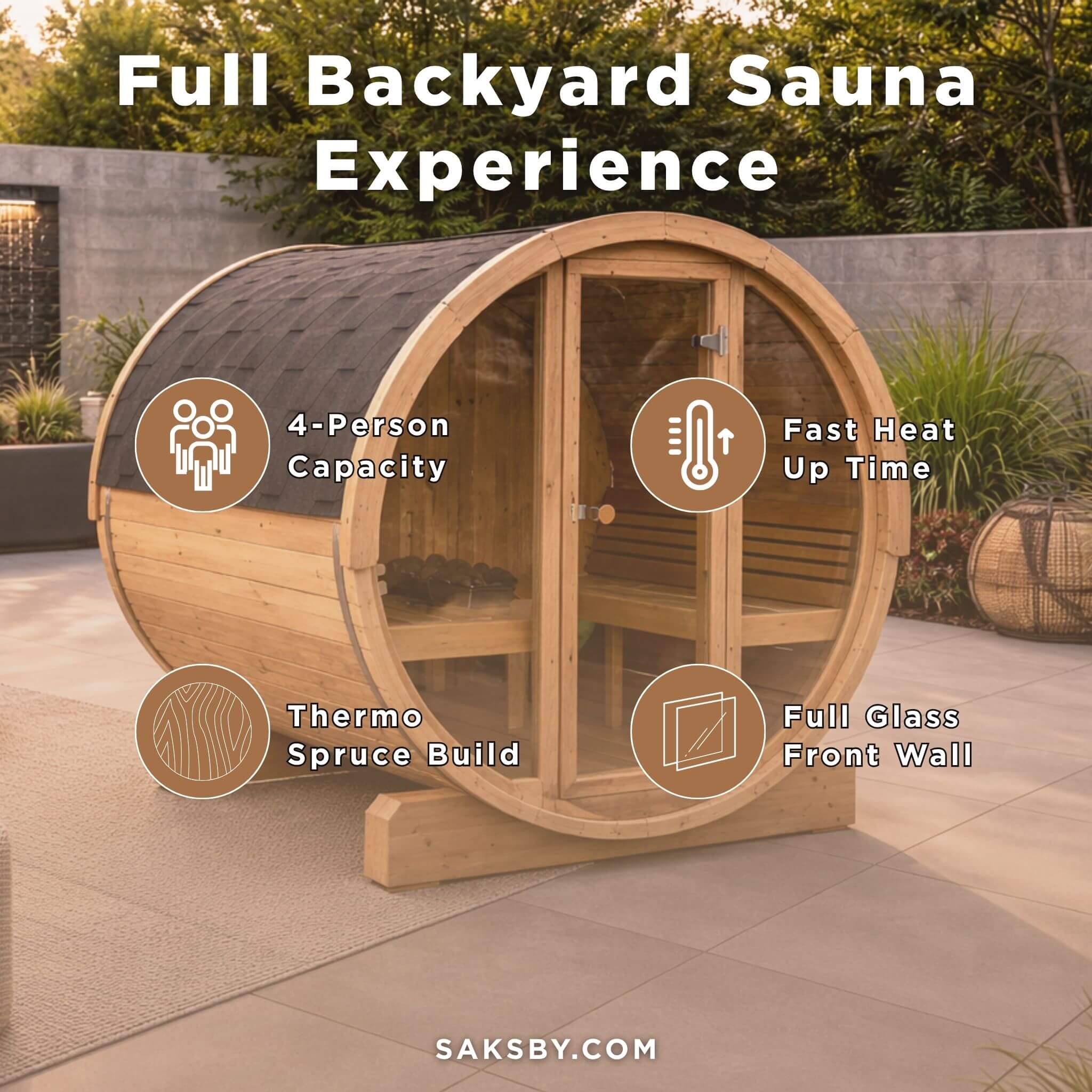 SaunaLife Model E7G Ergo Series 4-Person Outdoor Sauna Barrel With Glass Front [SL-MODELE7G] (SAK81934)